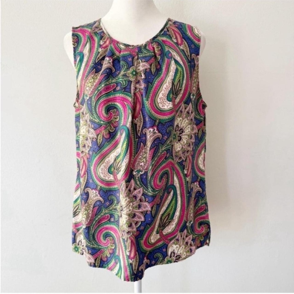 Talbots Paisley Top Women 8 Pink Blue 100% Silk Sleeveless Career Old Money